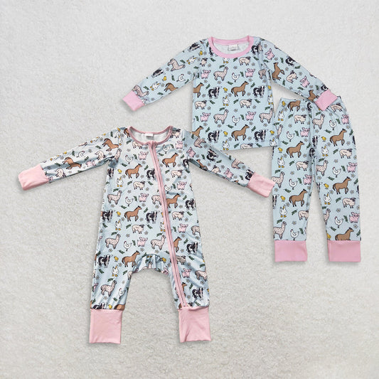 Sibling Baby Girls Long Sleeves Pigs Cows Top Pant Farm Clothes Set Zip Rompers