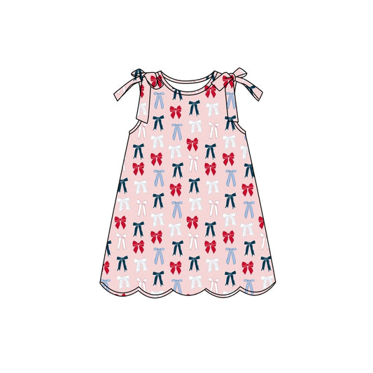 Preorder (moq 5)Baby Girls Red Blue Bows Plaid 4th of July Scallop Knee Length Dresses