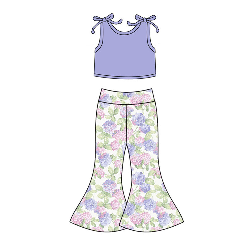 Preorder(moq 5) Baby Girls Purple Vest Shirts Top Flowers Bell Bottom Pants Clothes Sets