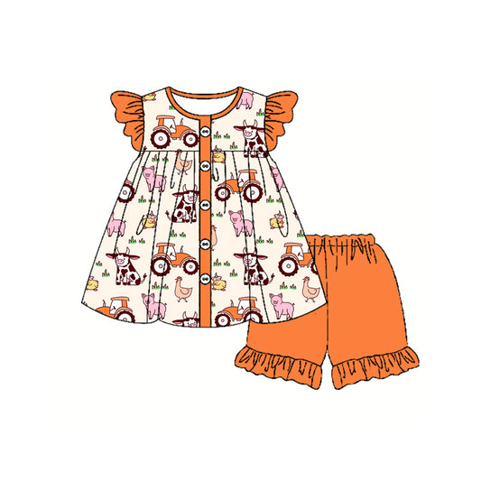 Preorder (moq 5)Baby Girls Orange Flutter Sleeves Cows Pigs Button Tunic Ruffle Shorts Farm Clothes Sets