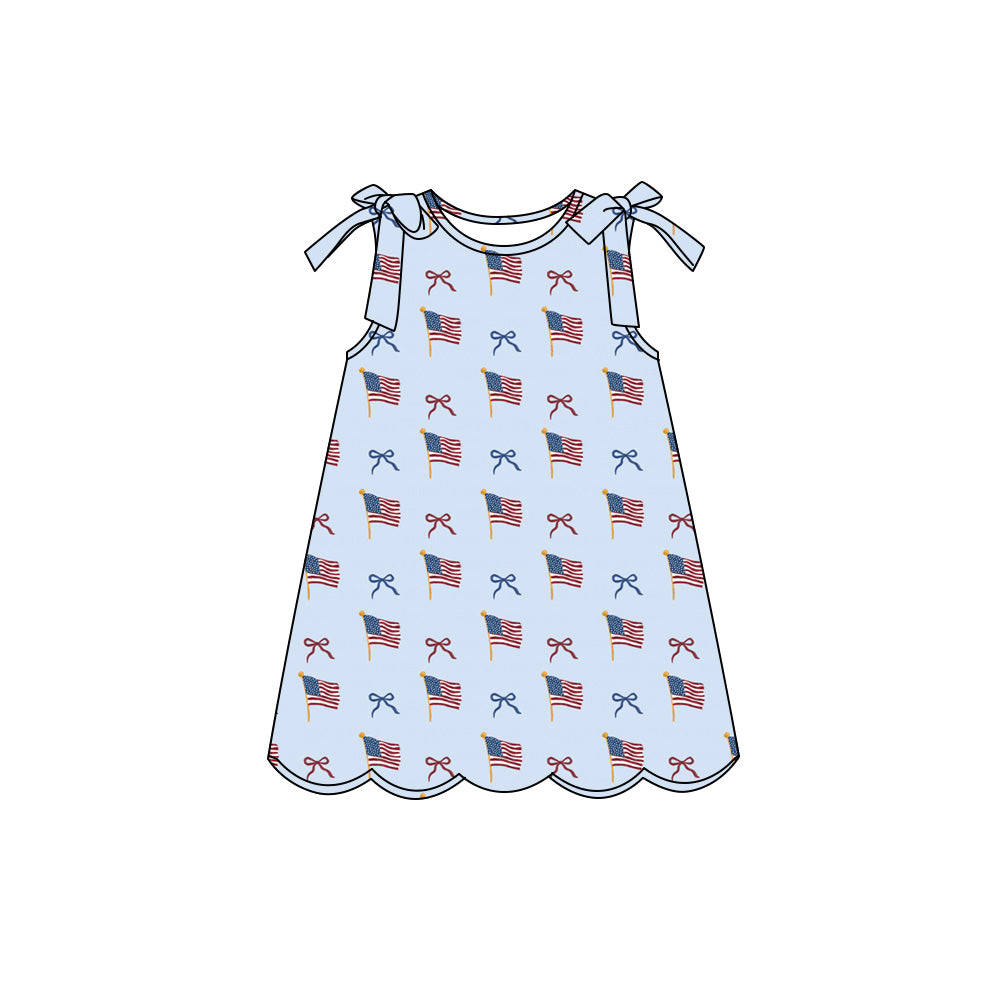 Preorder (moq 5)Baby Girls Red Blue Bows Flags 4th of July Scallop Knee Length Dresses