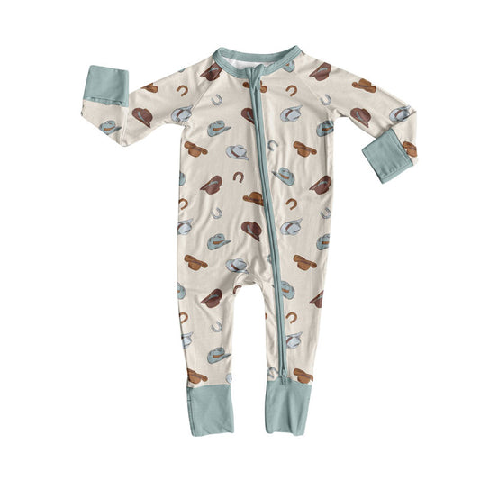 Preorder (moq 5)Baby Boys Blue Brown Hats Shoes Western Zipper Footie Rompers