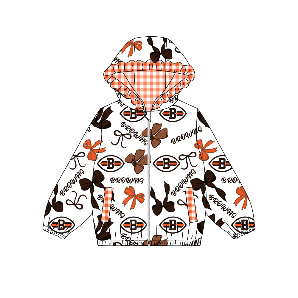 Preorder (moq 8)Baby Girls Bows Browns Pockets Zipper Team Hoodie Jackets Top