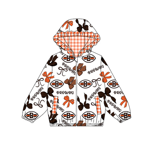 Preorder (moq 5)Baby Girls Bows Browns Pockets Zipper Team Hoodie Jackets Top