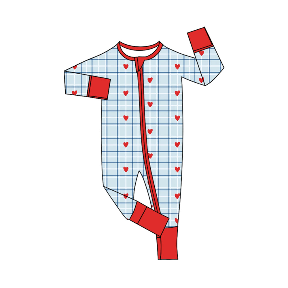 Preorder (moq 5) Baby Girl Clothes Valentine Red Heart Plaid Print Long Sleeve Zipper Romper