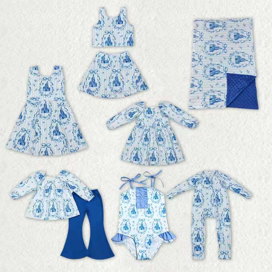 Sibling Baby Girls Blue Stripe Bows Castles Tunic Pant Set Dresses Rompers