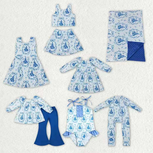Sibling Baby Girls Blue Stripe Bows Castles Tunic Pant Set Dresses Rompers