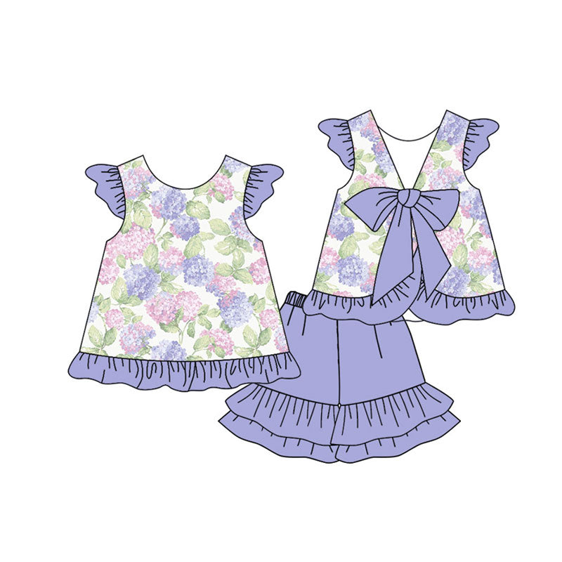 Preorder(moq 5) Baby Girls Purple Back Bows Flowers Tunic Ruffle Shorts Clothes Sets
