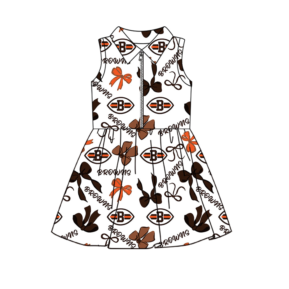 Preorder (moq 5)Baby Girls Sleeveless Bows Bears Team Zip Short Knee Length Dress