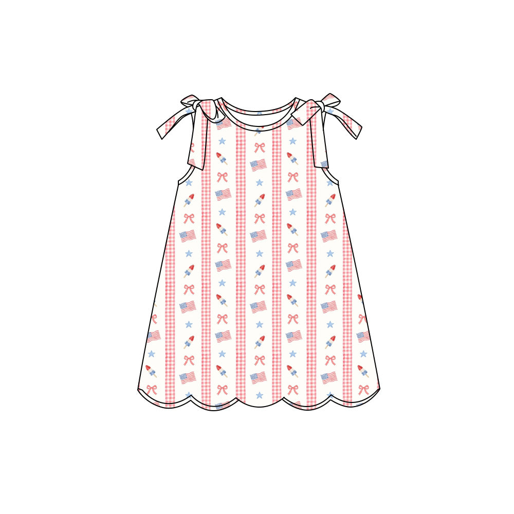 Preorder (moq 5)Baby Girls Bow Star Flags Stripe 4th of July Scallop Knee Length Dresses