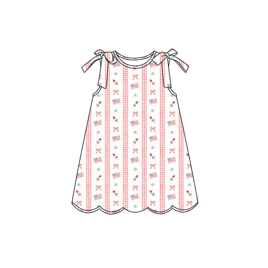 Preorder (moq 5)Baby Girls Bow Star Flags Stripe 4th of July Scallop Knee Length Dresses