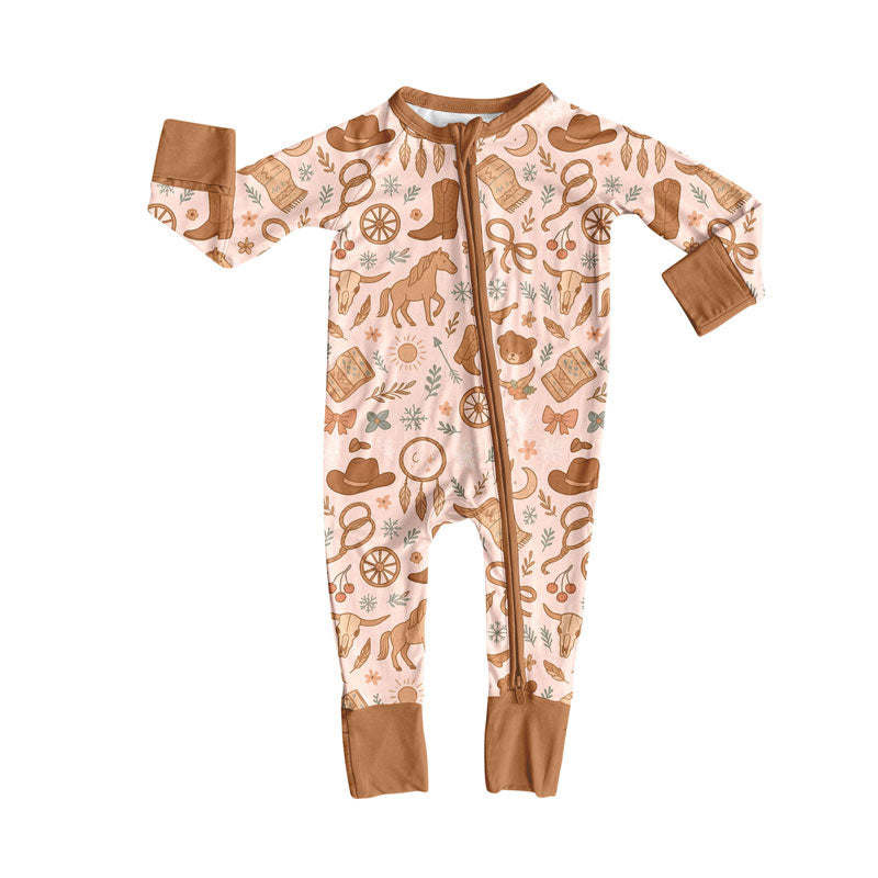 Preorder (moq 5)Baby Boys Bull Skulls Horses Western Zipper Footie Rompers