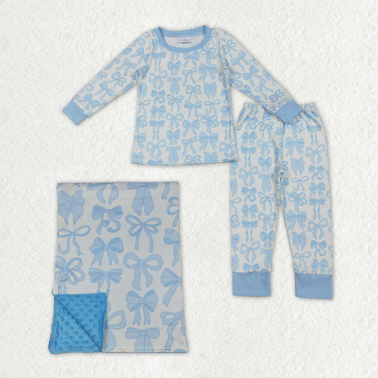 Sibling Baby Girls Light Blue Bows Plaid Top Pant Pajamas Sets Blankets