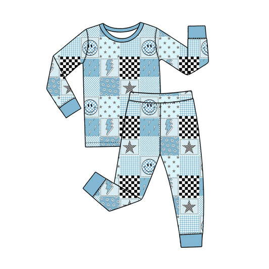 Preorder (moq 5) Baby Girl Clothes Patchwork Check Smile Star Lightning Mixed Print Long Sleeve Top Pant Pajama Set