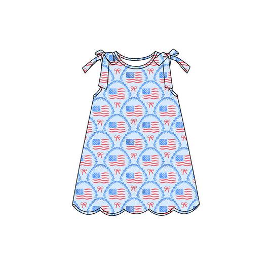 Preorder (moq 5)Baby Girls Bows Flags Checked 4th of July Scallop Knee Length Dresses