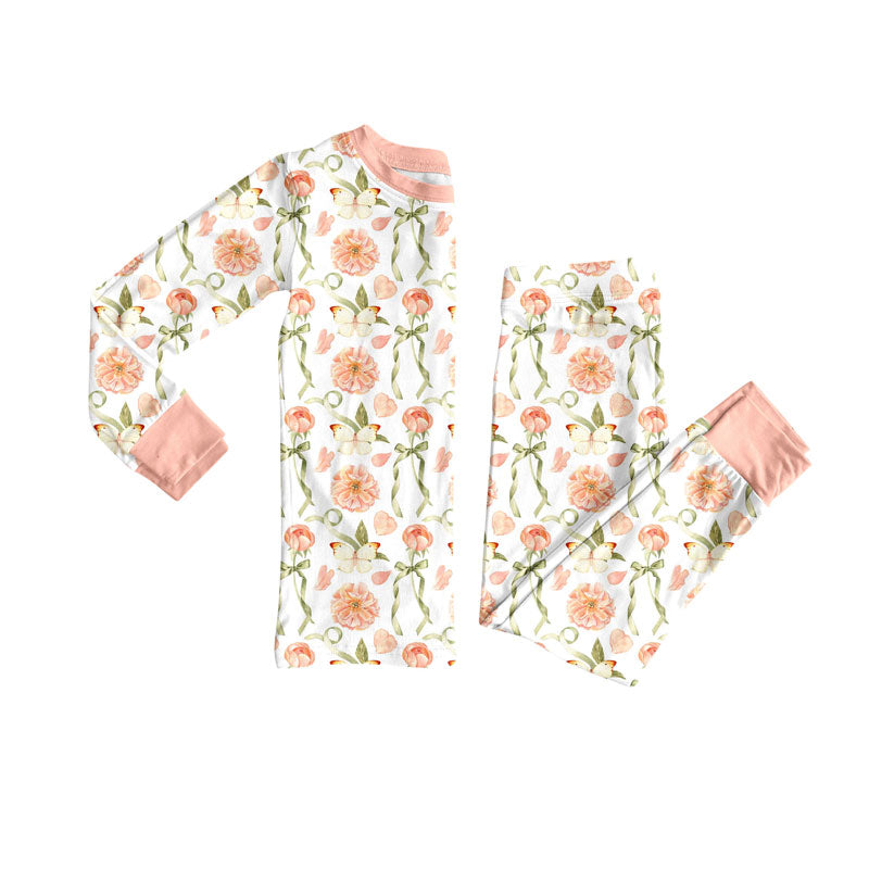 Preorder(moq 5) Baby Girls Pink Flowers Butterfly Top Pants Pajamas Sets
