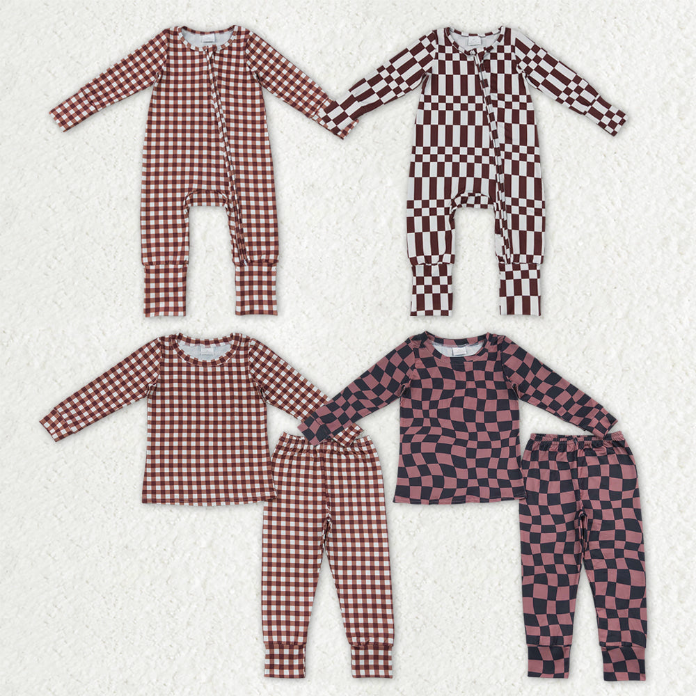 Sibling Baby Boys Warped Checkerboard Print Pant Fall Pajamas Set Zip Rompers