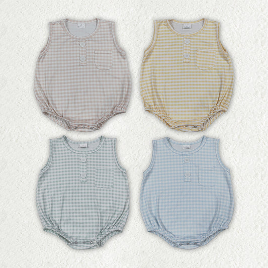 Sibling Baby Boys Sleeveless Colorful Checked Button Pocket Rompers