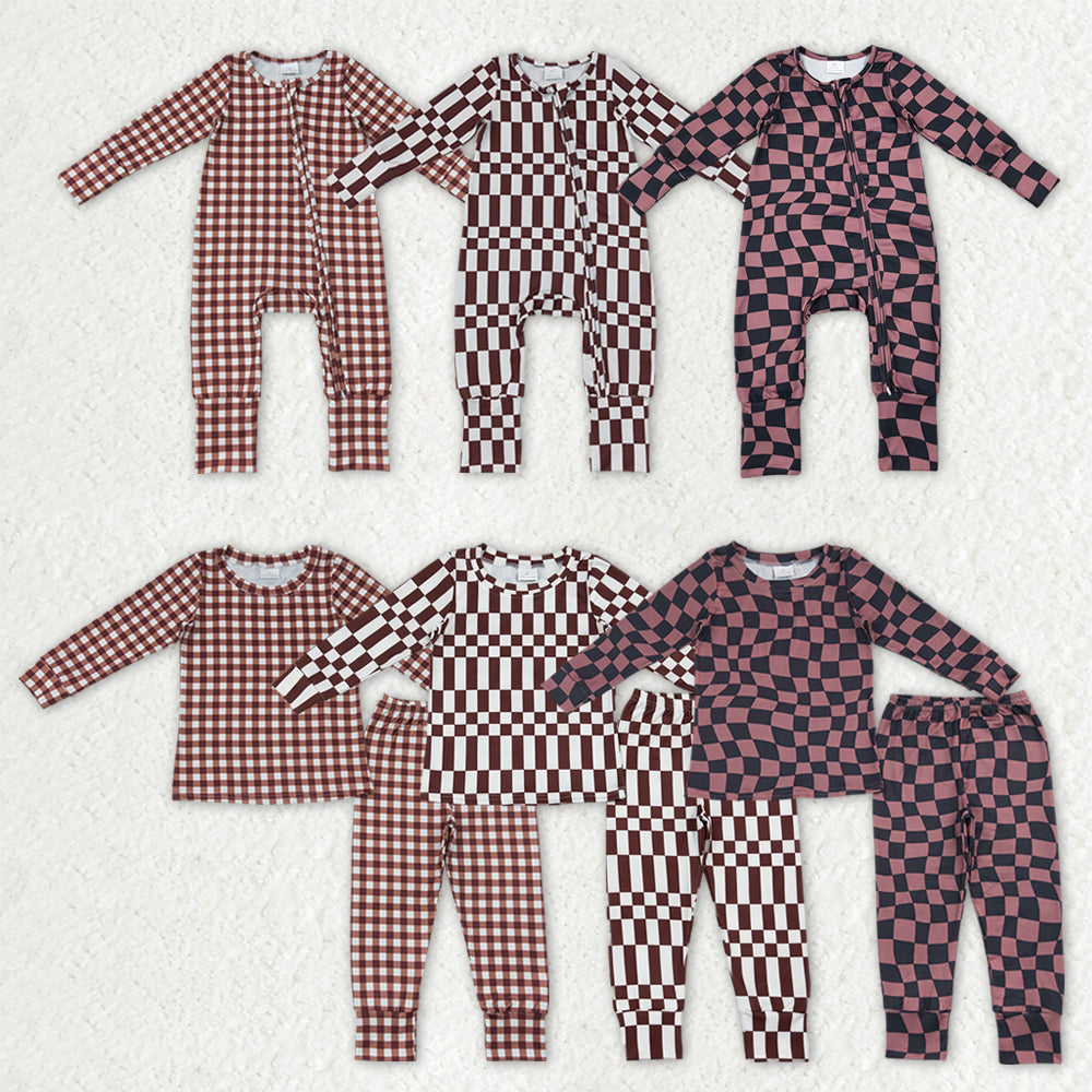 Sibling Baby Boys Warped Checkerboard Print Pant Fall Pajamas Set Zip Rompers