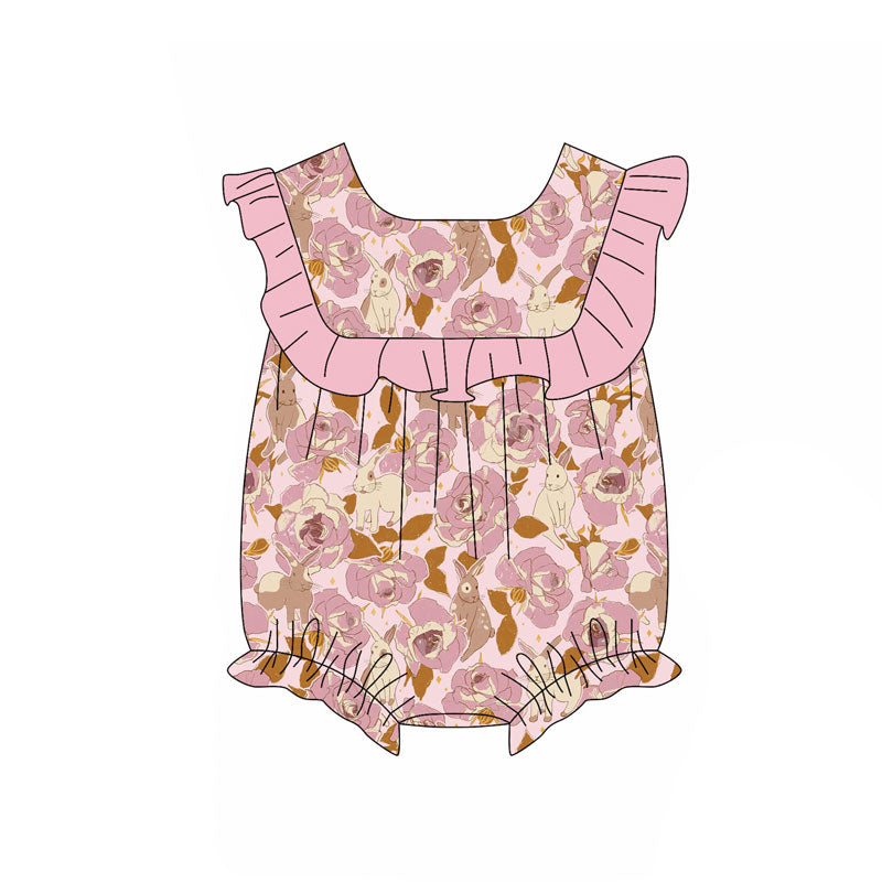 Preorder (moq 5)Baby Girls Rabbits Flowers Easter Ruffle Rompers