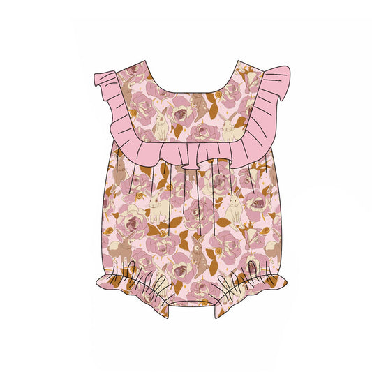 Preorder (moq 5)Baby Girls Rabbits Flowers Easter Ruffle Rompers