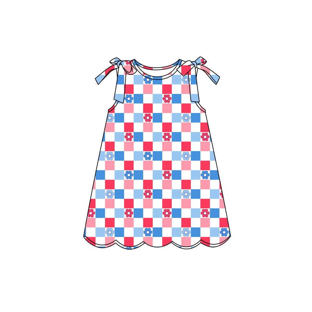 Preorder (moq 5)Baby Girls Red Blue Flowers Checked 4th of July Scallop Knee Length Dresses