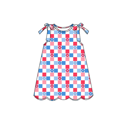 Preorder (moq 5)Baby Girls Red Blue Flowers Checked 4th of July Scallop Knee Length Dresses