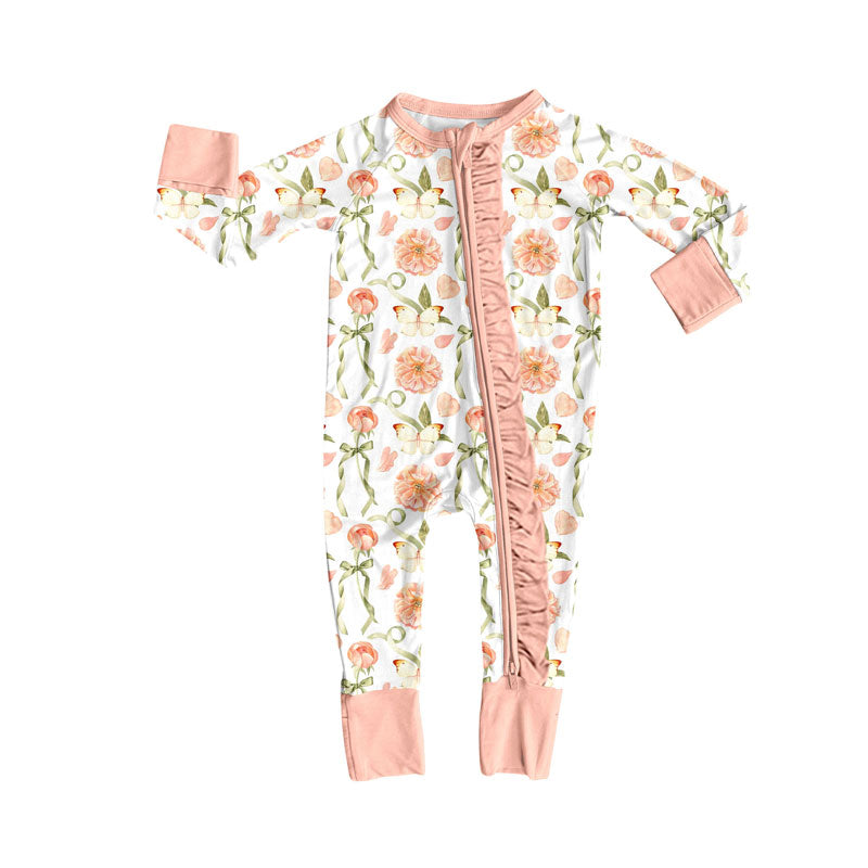 Preorder (moq 5)Baby Girls Pink Flowers Butterfly Ruffle Zipper Footie Rompers