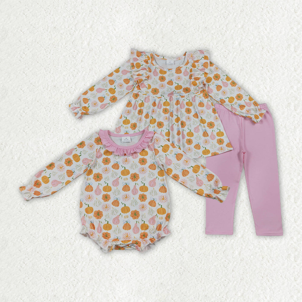 Sibling Baby Girls Flowers Pumpkins Tunic Legging Pants Fall Clothes Set Ruffle Rompers