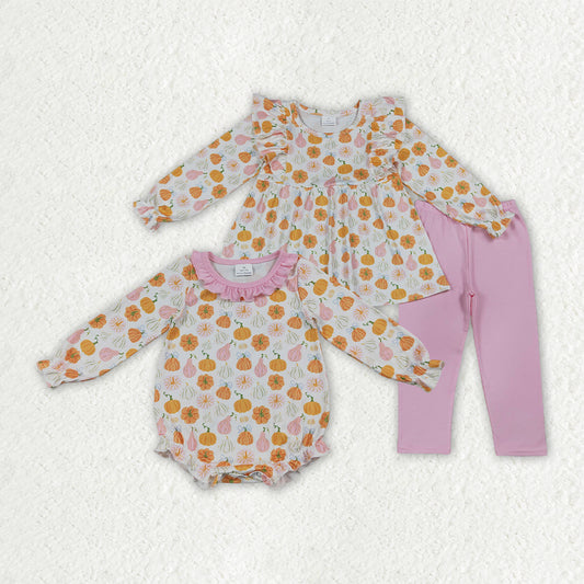 Sibling Baby Girls Flowers Pumpkins Tunic Legging Pants Fall Clothes Set Ruffle Rompers