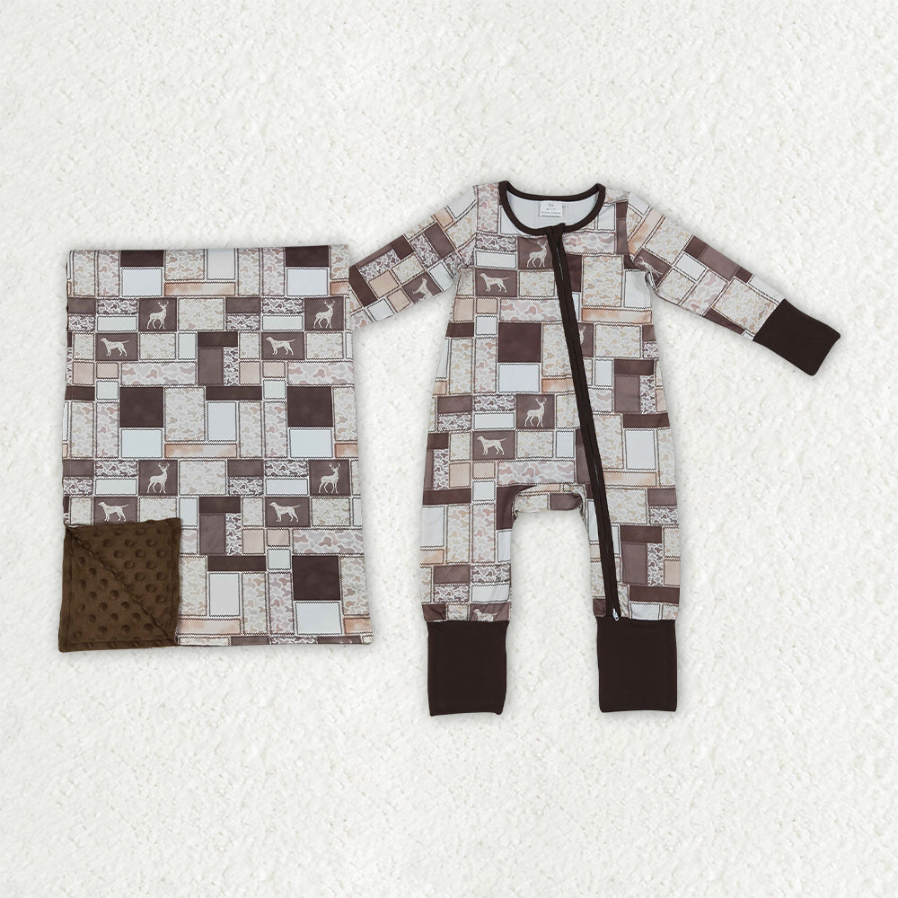 Sibling Baby Boys Deer Ducks Camo Checked Hunting Zip Rompers Blanket