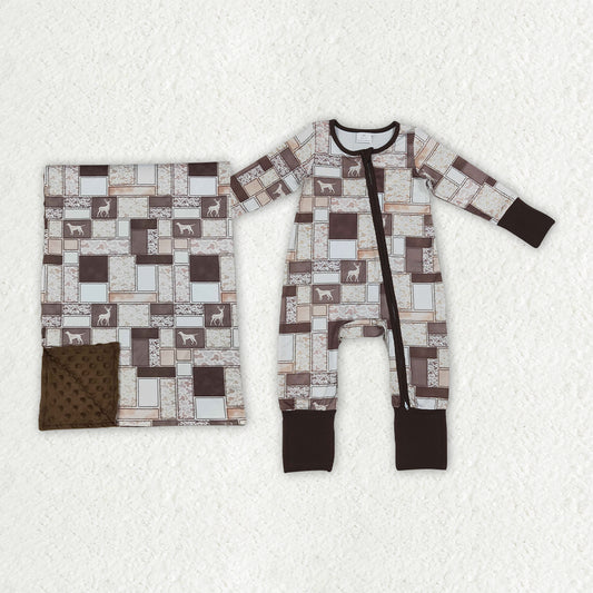 Sibling Baby Boys Deer Ducks Camo Checked Hunting Zip Rompers Blanket