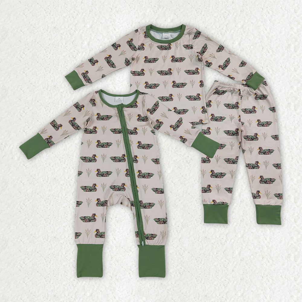 Sibling Baby Boys Green Camo Ducks Plaid Pant Hunting Pajamas Set Zip Rompers