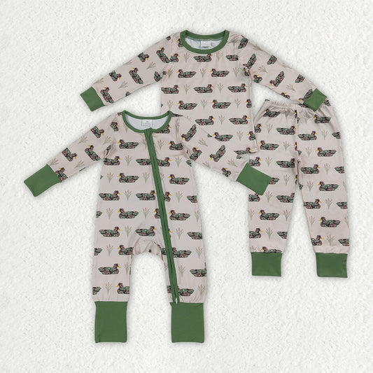 Sibling Baby Boys Green Camo Ducks Plaid Pant Hunting Pajamas Set Zip Rompers