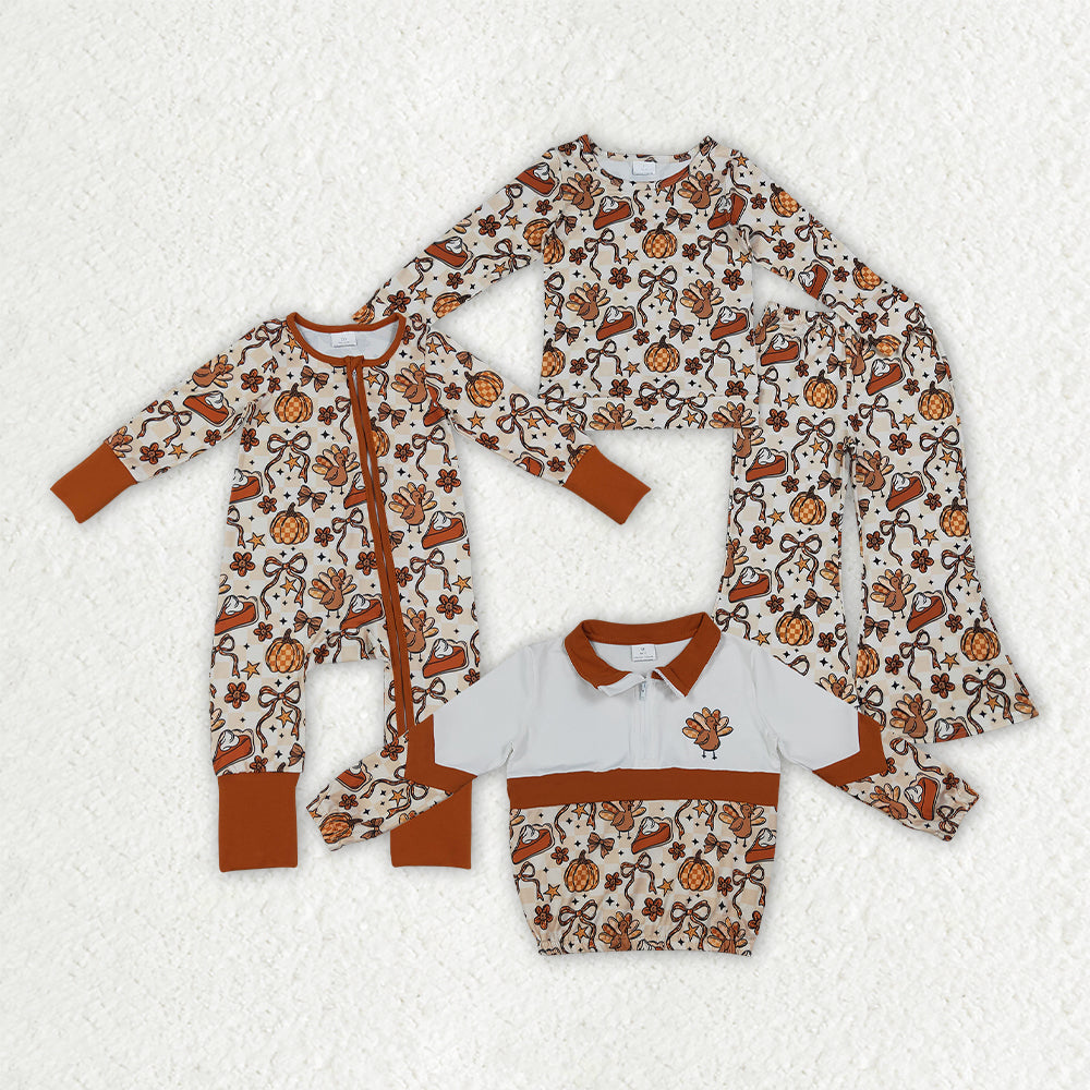 Sibling Baby Girls Bows Pumpkins Turkey Flare Pant Thanksgivings Zip Pullover Set Rompers