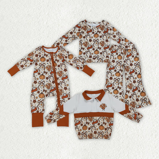 Sibling Baby Girls Bows Pumpkins Turkey Flare Pant Thanksgivings Zip Pullover Set Rompers