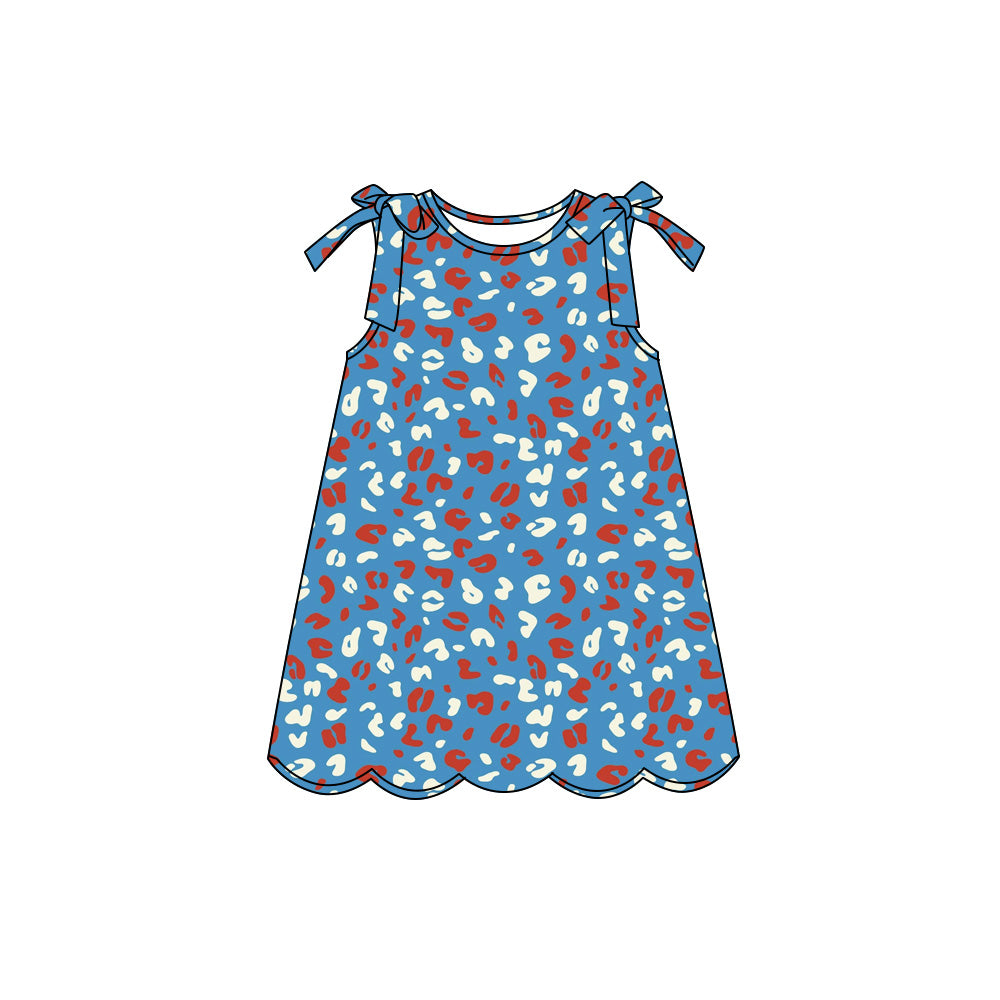 Preorder (moq 5)Baby Girls Red Blue Leopard 4th of July Scallop Knee Length Dresses