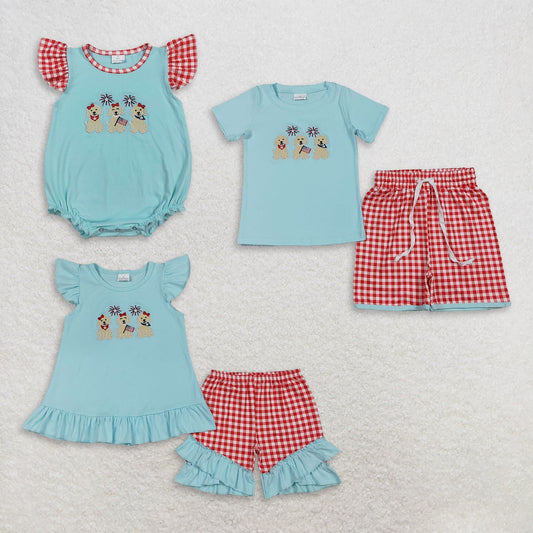 Sibling Baby Kids Embroidery Dogs Flags Shirt Shorts 4th of July Clothes Set Rompers