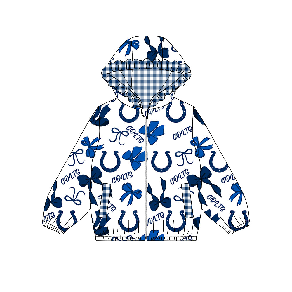 Preorder (moq 8)Baby Girls Bows Colts Pockets Zipper Team Hoodie Jackets Top