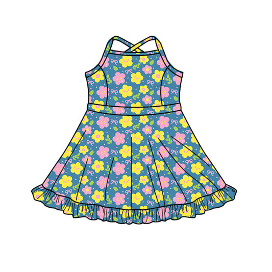 Preorder(moq 5) Baby Girls Pink Yellow Flower Bows Strap Ruffle Shorts Knee Length Dresses