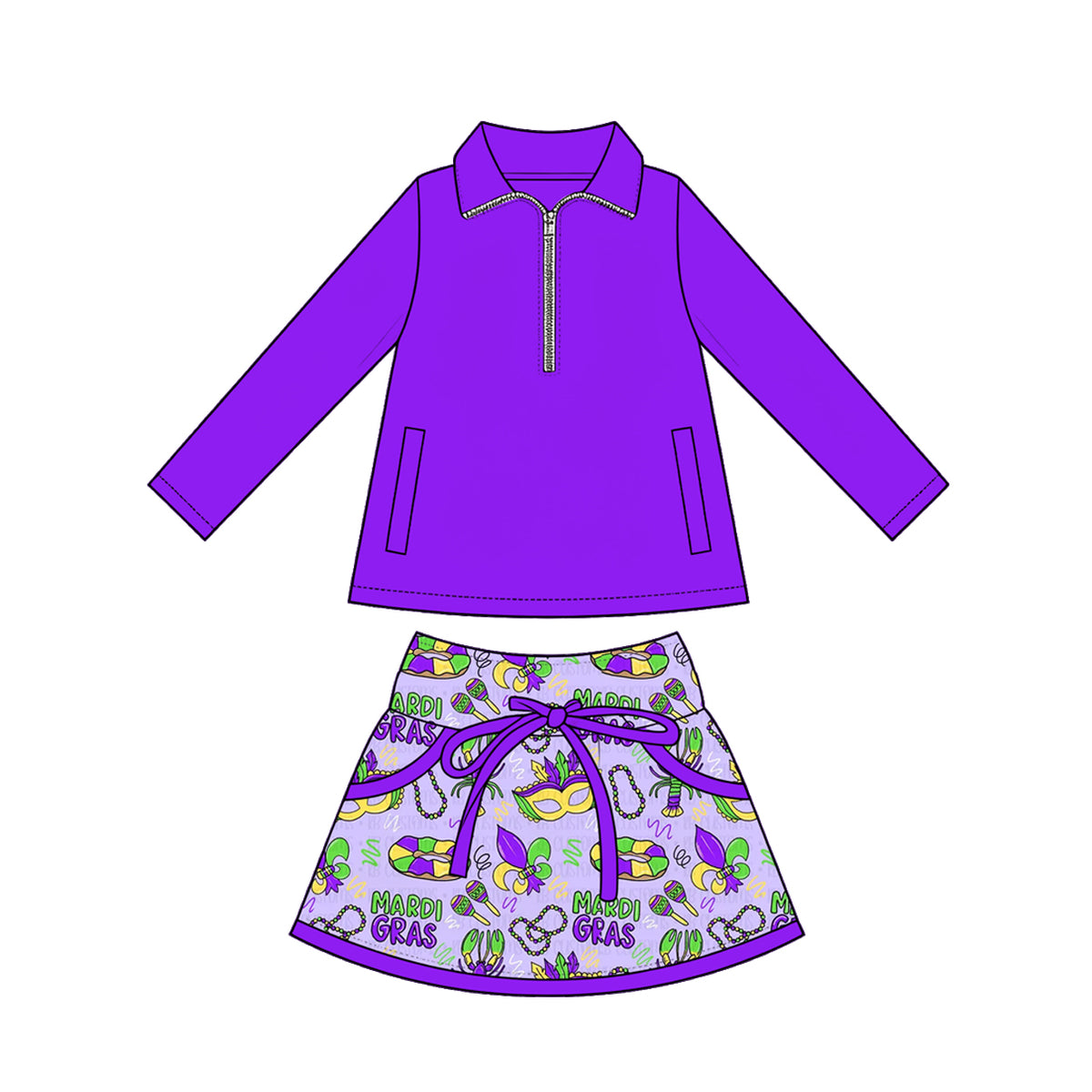 Preorder (moq 5) Baby Girl Clothes Mardi Gras Mask Crawfish Bead Print Purple Long Sleeve Half Zip Top Bow Skirt Set