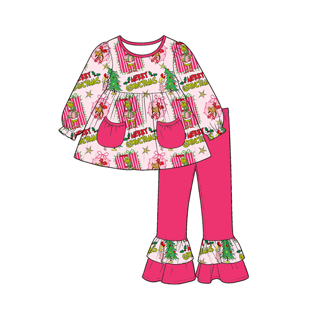 Preorder moq 5 Baby Girls Green Frogs Pockets Tunic Ruffle Pant Merry Christmas Clothes Set
