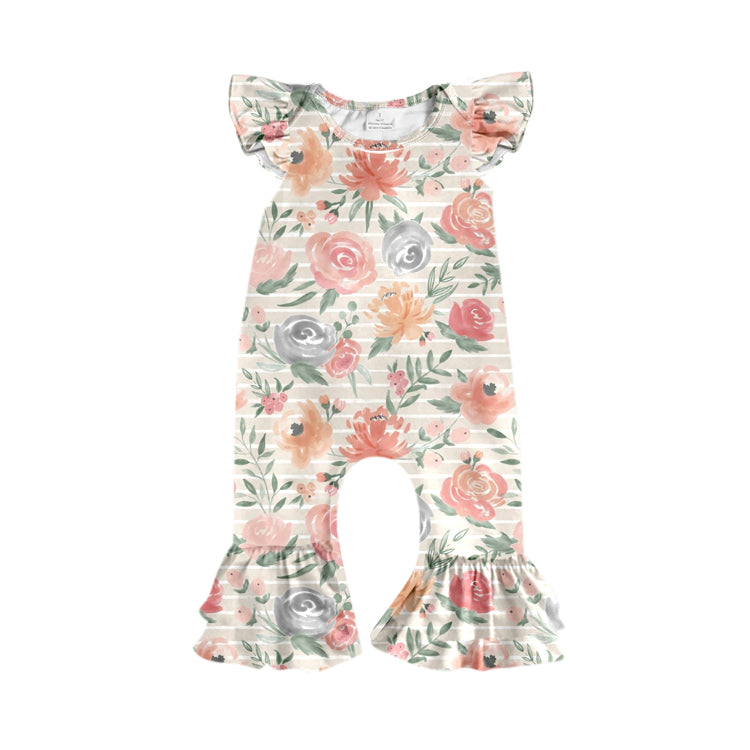 Preorder (moq 5)Baby Girls Flutter Sleeve Colorful Flowers Stripe Ruffle Footie Rompers