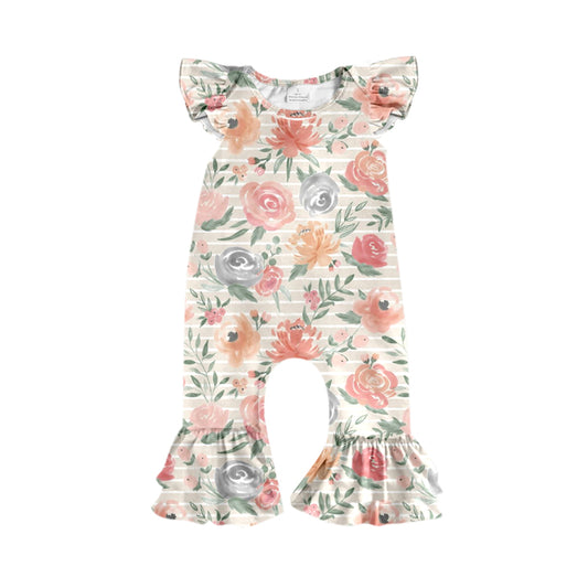 Preorder (moq 5)Baby Girls Flutter Sleeve Colorful Flowers Stripe Ruffle Footie Rompers