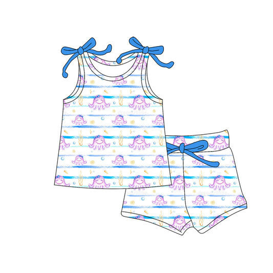 Preorder (moq 5)Baby Girls Bows Sleeveless Sea World Stripe Top Short Clothes Sets
