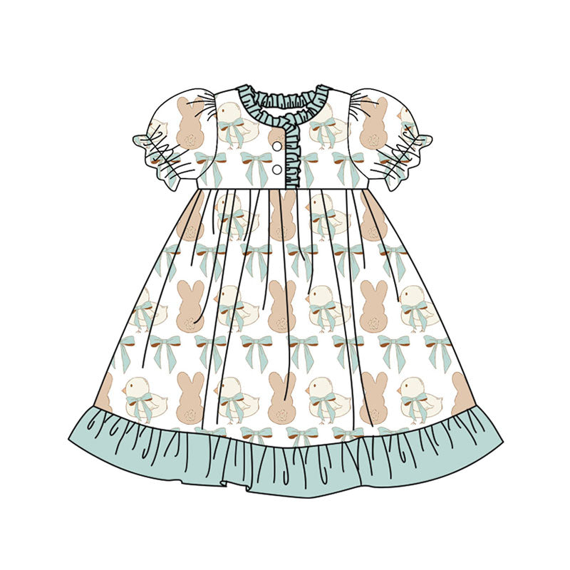 Preorder(moq 8)Baby Girls Bows Rabbits Chicks Easter Button Ruffle Knee Length Dresses