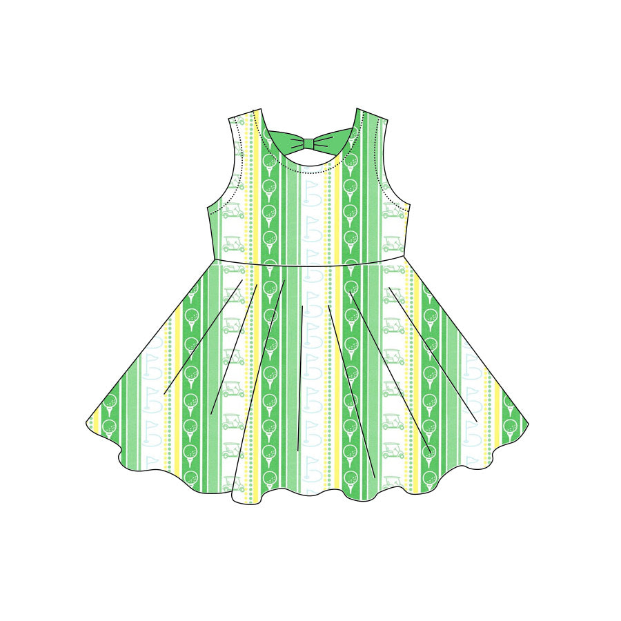 Preorder moq 5 Baby Girls Sleeveless Green Trucks Golf Stripe Knee Length Dresses