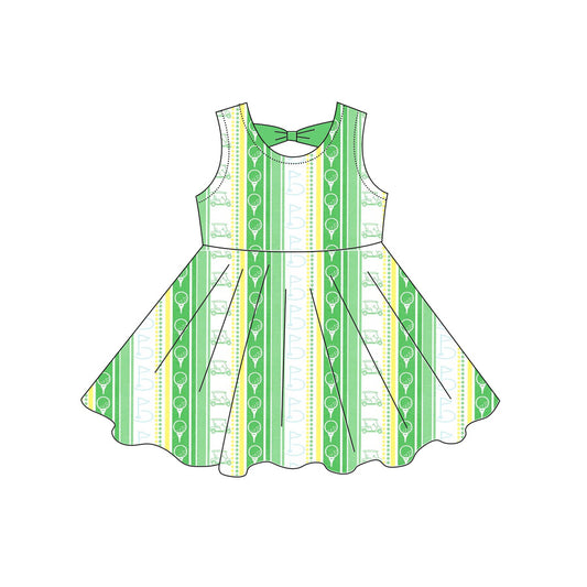 Preorder moq 5 Baby Girls Sleeveless Green Trucks Golf Stripe Knee Length Dresses