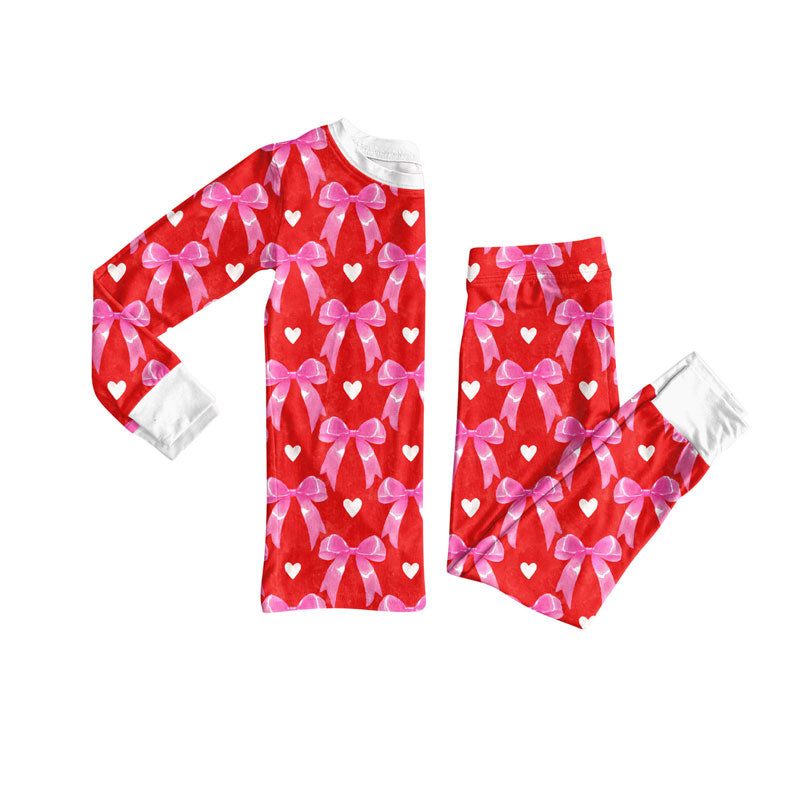 Preorder(moq 8)Baby Girls Bows Hearts Plaid Top Pant Valentine Pajamas Sets