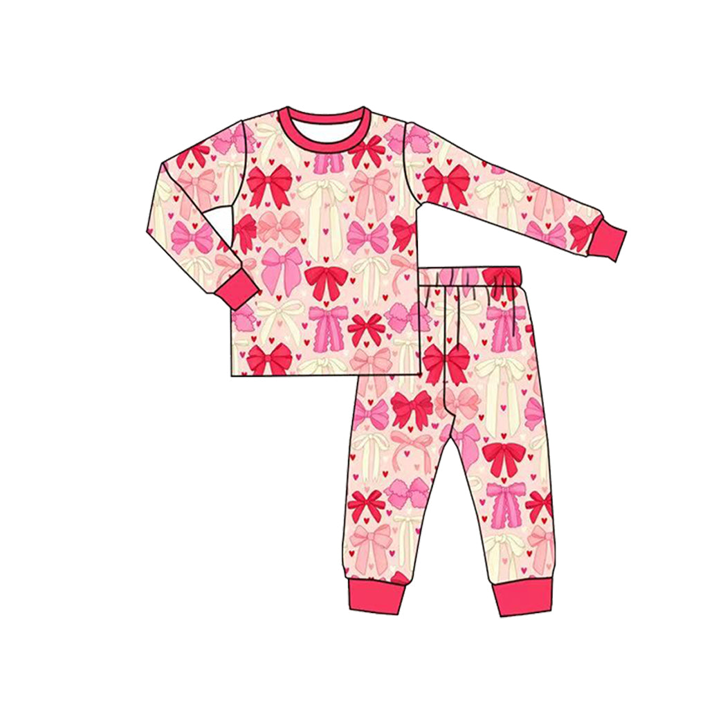 Preorder (moq 5) Baby Girl Clothes Valentine Bow Heart Print Long Sleeve Pajama Set